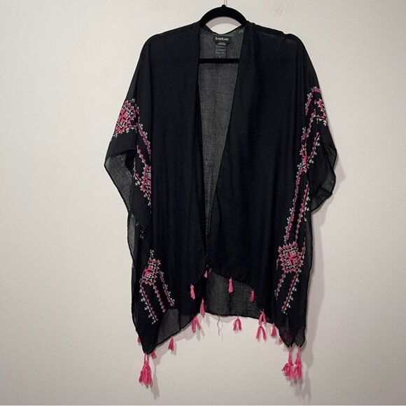 Bebe Women’s Black Embroidered Kimono Cardigan Tassel Trim One Size Boho Chic - Picture 2 of 7